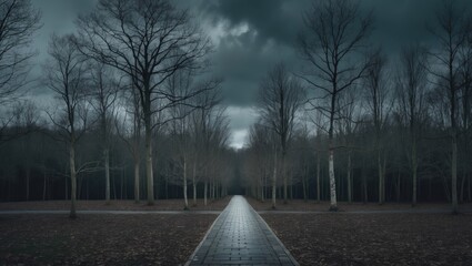 A path through a forest featuring leafless trees stands prominently in a vertical shot beneath a somber sky.