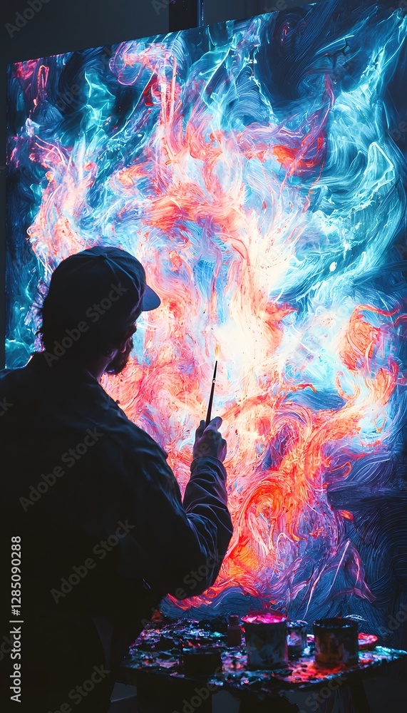Poster Over-the-shoulder view of a painter creating a glowing abstract piece on a large canvas, cinematic creative energy