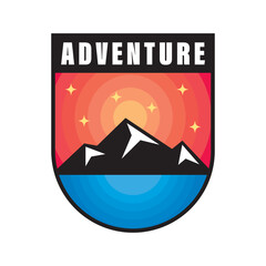Adventure Badge Logo with Mountain, Sunset, and Stars in Modern Style