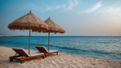 Two beach umbrellas accompanied by wooden loungers on a sandy shore by the Red Sea at a resort in Sharm El Sheikh, Egypt.