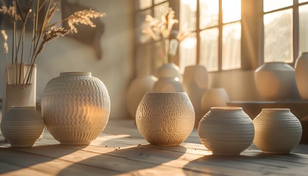 Close-up of glowing ceramic vases displayed in a sunlit room, cinematic artistic elegance