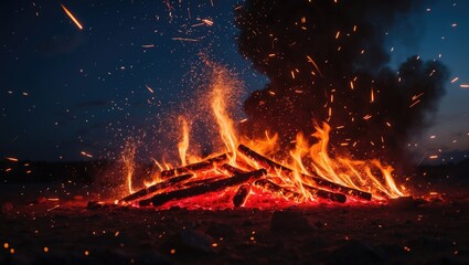 Fiery crimson sparks soar into the night sky from a blazing fire. Stunning abstract backdrop capturing the essence of fire, illumination, and vitality.