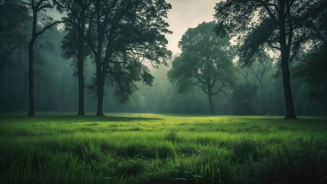 Meadow with lush greenery and tree outlines in a luminous setting