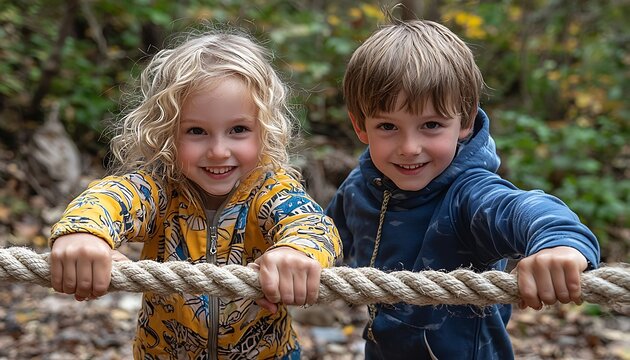 Children engage in a tug war, their determined faces and teamwork showcasing the classic playground competition.