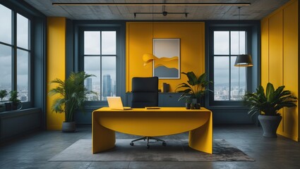Sophisticated yellow office image featuring a modern wave design