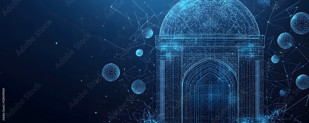Wall mural digital representation of a building with geometric lines and spheres