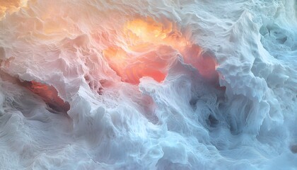 Obraz premium Aerial view of glowing snowy mountain peaks reflecting the hues of a vibrant sunrise, cinematic surreal serenity
