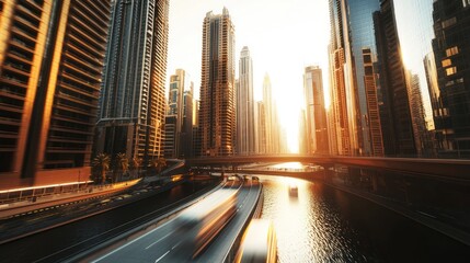 Obraz premium Golden Hour Skyline: Dubai's Urban Canal at Sunset