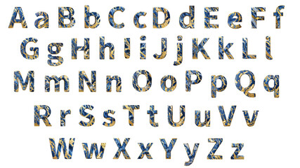 Elegant alphabet letters with intricate blue and gold pattern on transparent background