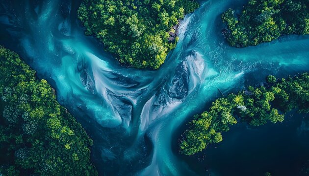 Aerial view of glowing river deltas merging into a crystal-clear sea, cinematic natural elegance