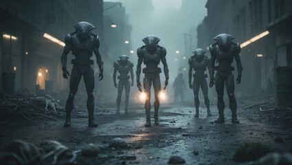 Fototapeta premium Image depicting an extraterrestrial battle scene intended for a t-shirt graphic.