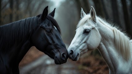 Fototapeta premium Dark horse and light pony facing each other, as if about to kiss