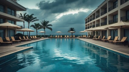Fototapeta premium Stunning hotel resort swimming pool surrounded by chairs and a deck for a relaxing getaway