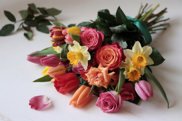 Fototapeta premium Bright and colorful Mother's Day flowers on white