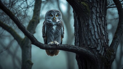 Obraz premium gray owl perched on a branch of a tree