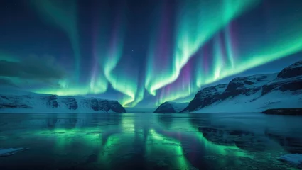 Photo sur Plexiglas Glacial lake in Iceland under the aurora borealis. Night sky illuminated by polar lights, with reflections on the water during a wintry night scene. Captured through digital art.