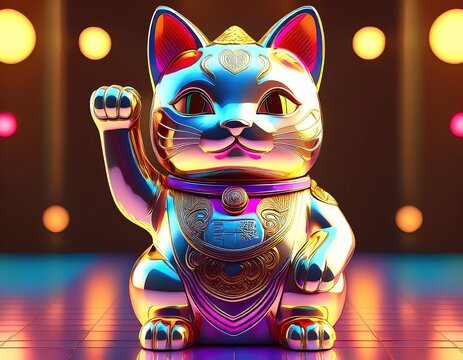 un adorable maneki neko futurista 3 d 4k, con la mano derecha arriba, detalles coloridos y realistas, ambiente de felicidad