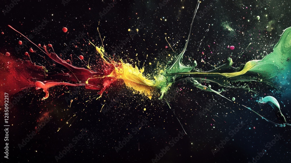 Poster cosmic paint explosion: a vibrant burst of color against a dark background, resembling a celestial e