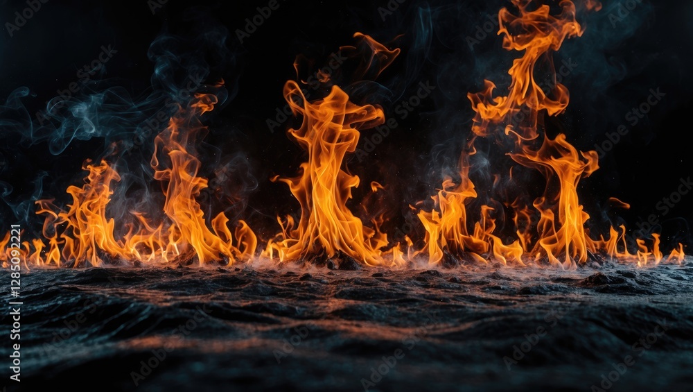 Poster blazing flames against a dark backdrop with empty space for text