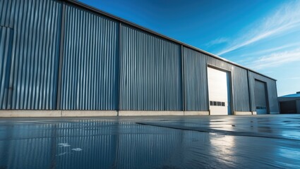 Fototapeta premium Metallic warehouse wall of an industrial building under a bright blue sky with shimmering reflections on the surface.
