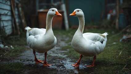 Obraz premium Two amusing white geese stroll through a muddy grassy area.