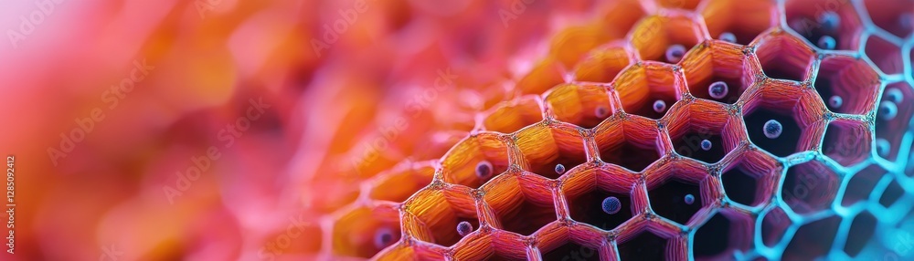 Poster exploring cellular structures in vibrant colors laboratory setting scientific close-up abstract envi