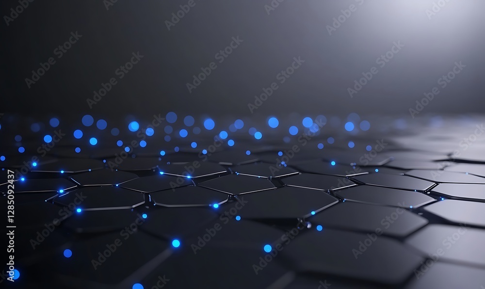 Aufkleber Futuristic hexagonal surface illuminated with blue lights and a dark background.