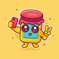 Cheerful jam jar character mascot taking a selfie with a smartphone isolated cartoon 