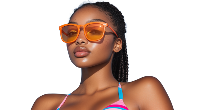 Young woman wearing colorful bikini and sunglasses with transparent background
