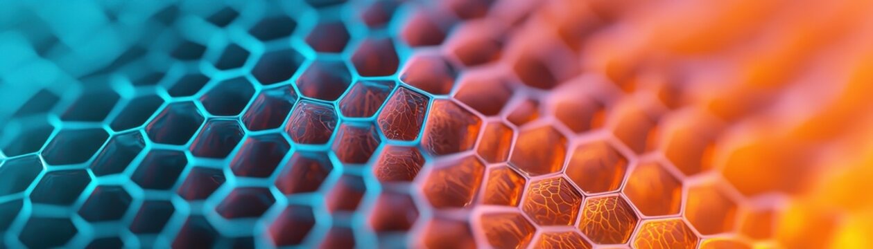Dynamic hexagonal patterns abstract digital artwork vibrant colors close-up view modern design concept