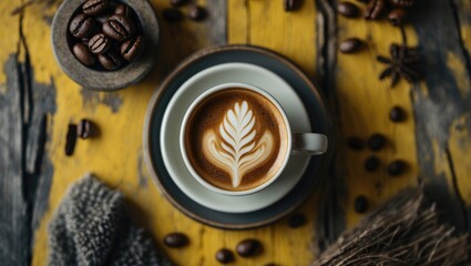 Bird's-eye view of a coffee mug set against a yellow wooden surface.