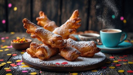 Carnival CLASSIC treats and Colorful Confetti. Sfrappole, chiacchiere, or angel wings accompanied by fragrant coffee on a rustic backdrop. Traditional sweet crispy pastries, deep-fried and dusted w...