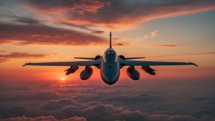 Military jet soaring above a breathtaking sunset.
