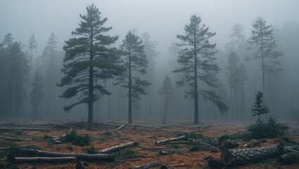 Aftermath of a pine forest following deforestation on a misty day.