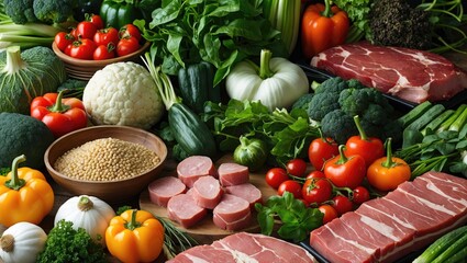 Variety of Fresh Produce and Meats for Nutritious Eating