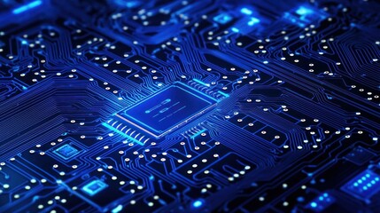 Obraz premium Close-up view of a circuit board with glowing blue integrated circuits and microchips. High-tech digital technology and engineering concept.