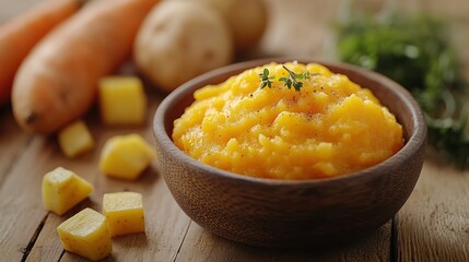 Wooden bowl of mashed sweet potatoes with carrots and potatoes on rustic table