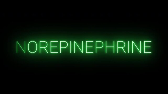 Flickering neon green Norepinephrine sign animated on black background.	