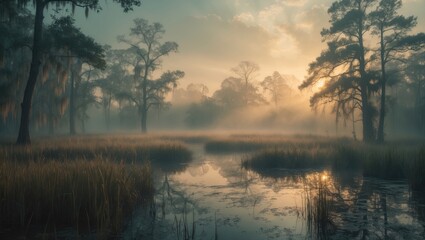 Fototapeta premium large marshland at dawn surrounded by fog in a retro style