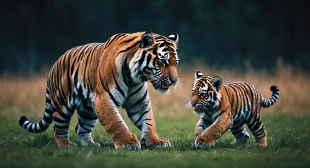 Obraz premium Tiger mother and her playful cub frolicking in a grassy area.