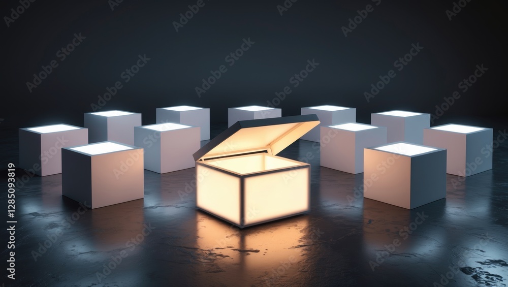 Poster differentiating from the masses, innovative concept ideas, a single illuminated open light box shini