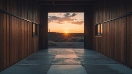 Aerial view of a building featuring a wooden facade and a vacant concrete surface during sunset. Mixed media.