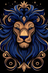 Fototapeta premium Lion with a blue mane and gold trim. The lion has a fierce look on its face