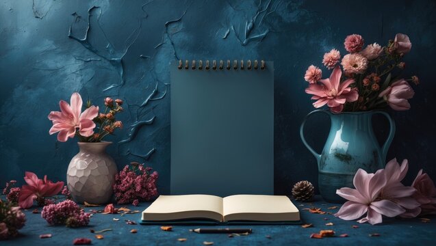 Sketchbook and floral arrangement