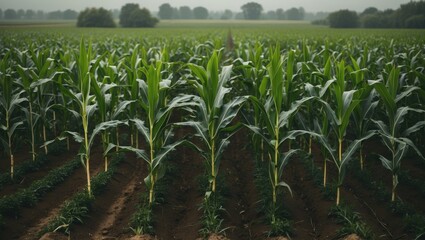 Naklejka premium Cultivating vibrant, young corn in a fertile field. A landscape featuring lines of nascent maize plants thriving in well-maintained agricultural land, monitored by drones.
