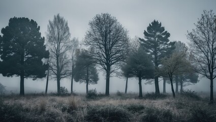 a selection of trees appears against a bright background.