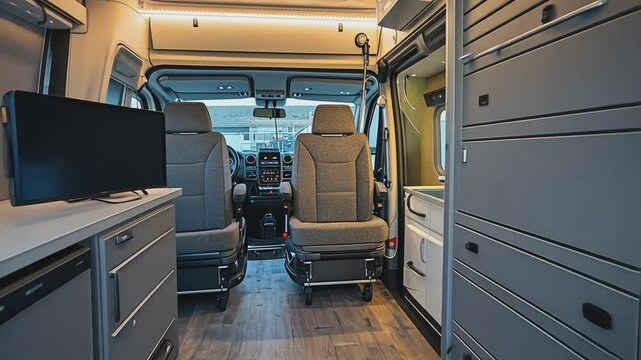 Modern Camper Van Interior: A well-appointed and contemporary camper van interior showcases comfort and functionality, designed for the modern traveler with a focus on quality and innovative design.