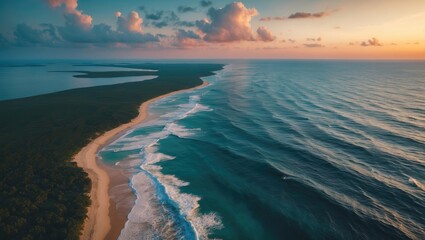 A component of an abstract aerial summer seascape featuring a sunset over the ocean and sky.