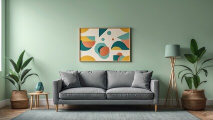 Concept design for a children's room wall featuring a gray couch set against a soft green backdrop.