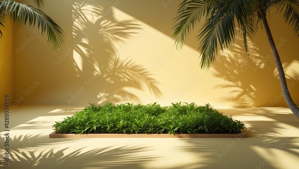 Poster studio setting featuring tropical palm shadows against a yellow backdrop. a minimalist summer displa